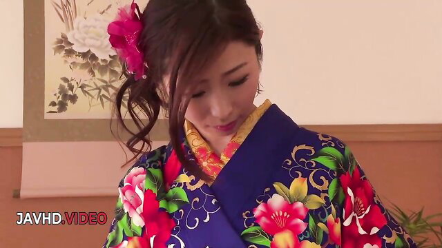 Ayumi Shinoda in elegant blue kimono, JAV HD owjob tease