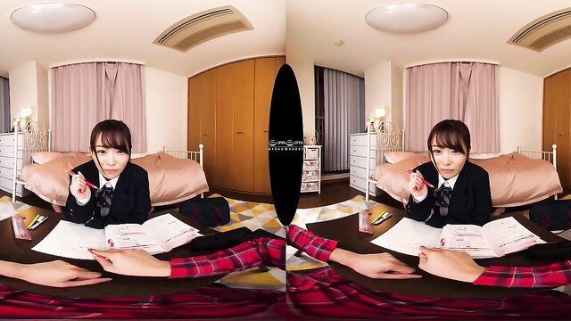 Japanese schoolgirl in plaid skirt VR POV writing sensually