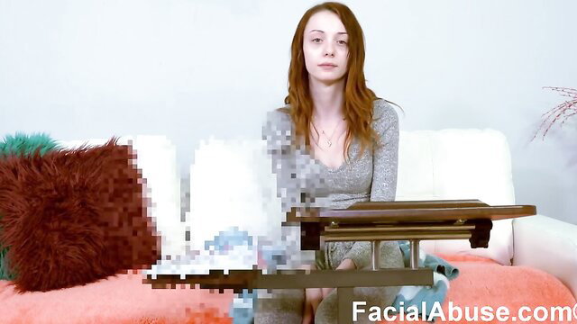 Redhead amateur in gray dress on POV casting interview couch