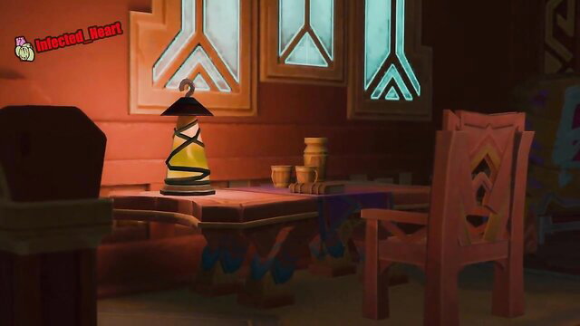 Arlecchino x Lumine in dimly lit fantasy bedroom scene