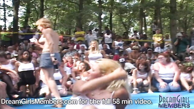 Blonde wives strip nude in wild outdoor wet T contest crowd party