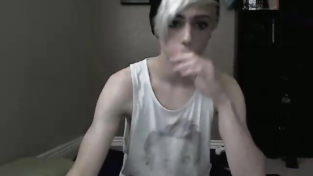 Ecchievement hot twink with white hair licks fingers in tank top