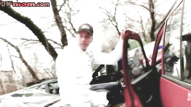 Amateur big boobed MILF in white top fucked by lover outdoors car sex closeup