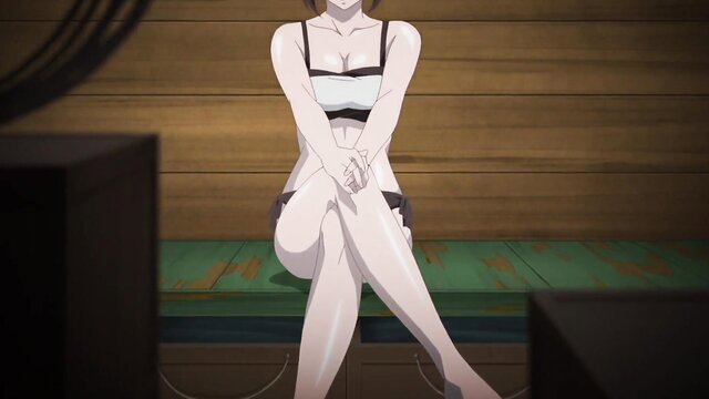 Anime girl in skimpy black bikini sits legs spread in sauna, big tits exposed