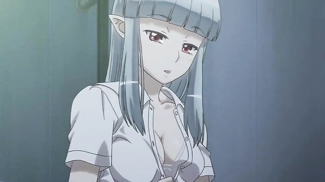 Silver-haired elf girl in unbuttoned shirt exposing cleavage, Tsugumomo hentai