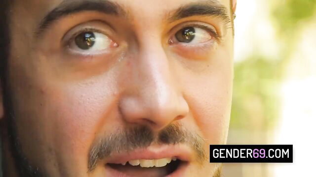 Closeup of shemale hitchhiker Crystal M's face smiling outdoors