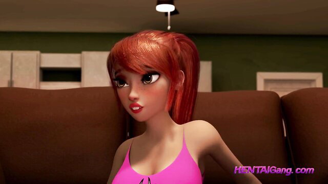 3D redhead dickgirl in pink top on couch, horny futa tease
