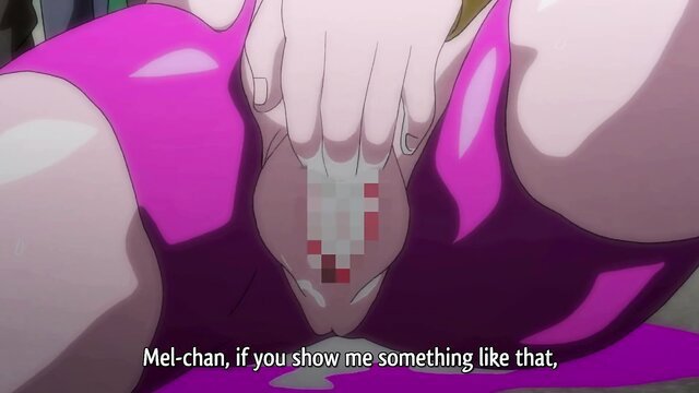 Busty anime princess Mel-chan exposing censored pussy in pink swimsuit