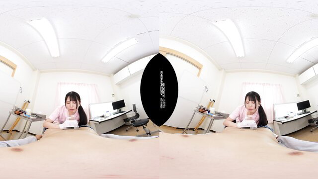 Cute Japanese girl in pink top at desk POV VR