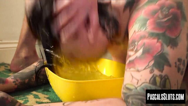 Lily Brutal tattooed fat slut dominated, fucked roughly, yellow bowl kink