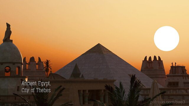Ancient Egypt Thebes sunset with pyramid, sphinx, domes, palms