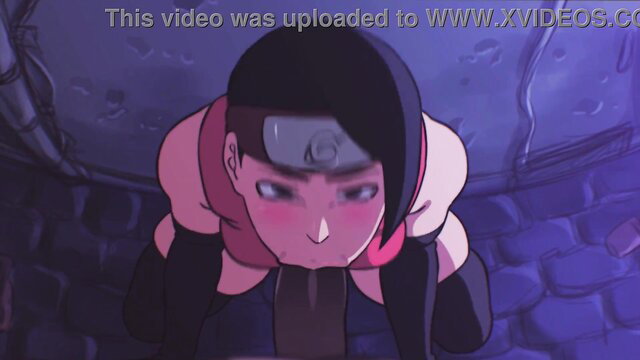 Anime hentai girl with black hair in headband sucking cock closeup