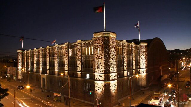 Lit Alcatraz prison at night, iconic San Francisco landmark