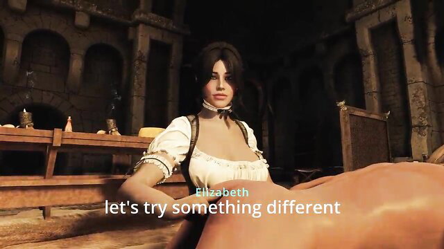 POV busty futanari milk maid Elizabeth in cleavage-baring dress milks prostate