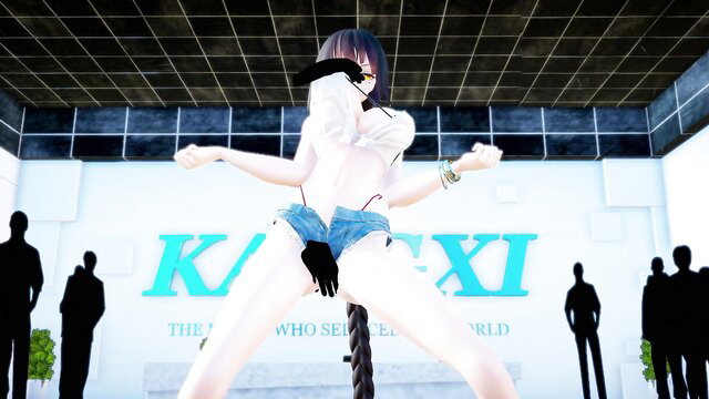 Asian JAV idol in daisy dukes bondage pose at KAXI event stage