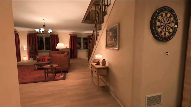 Cozy living room with red sofa, dartboard, warm lamps at night