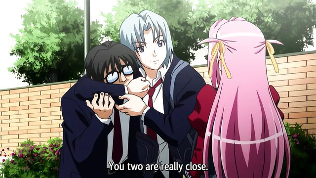 Anime hentai boys hugging closely with pink-haired girl watching, hypnosis slave tease