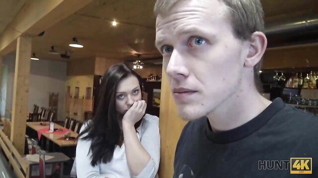 Brunette amateur caresses stranger's cock while BF watches, gets fucked