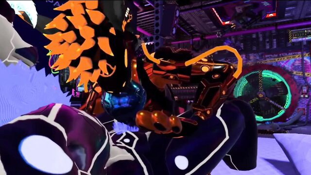 Protogen inhales cyberwolf lollipop in vibrant furry cyber scene