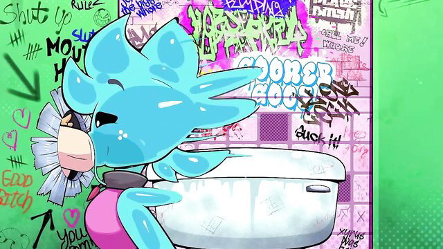Blue slime girl deepthroating cock over toilet in graffiti stall