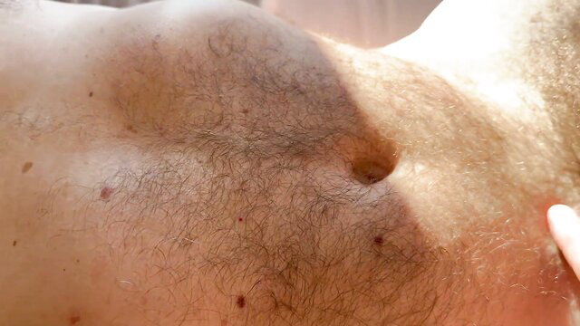 Seattle Dad's hairy belly and chest in morning sun cuddle