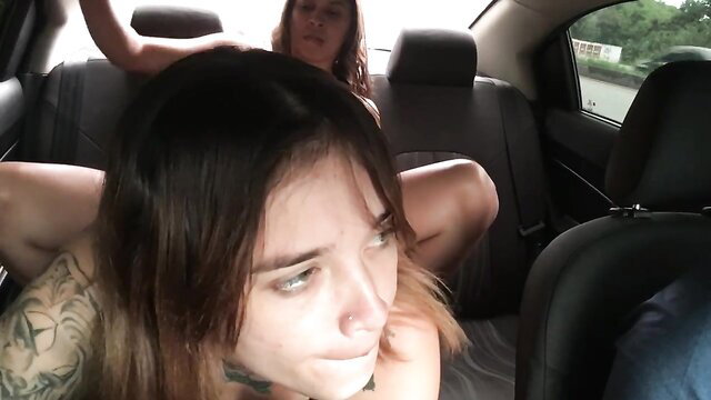 AnysJobs masturbates with strap-on in Uber car, wet pussy pleasure