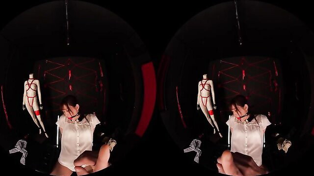 Asian babe bound in BDSM VR, sexy blouse and lingerie, horny pose