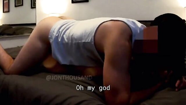 Hot twink in white tank top nude ass up doggy style on bed