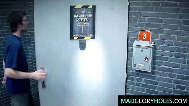 Darkhour gloryhole open sign on door, guy approaches in amateur adult video