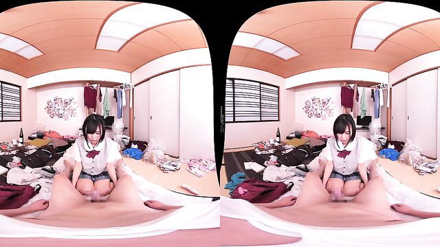 Japanese schoolgirl spreads legs wide in messy room VR porn