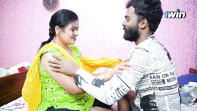 Desi bhabhi in green saree hugs man intimately, big tits tease