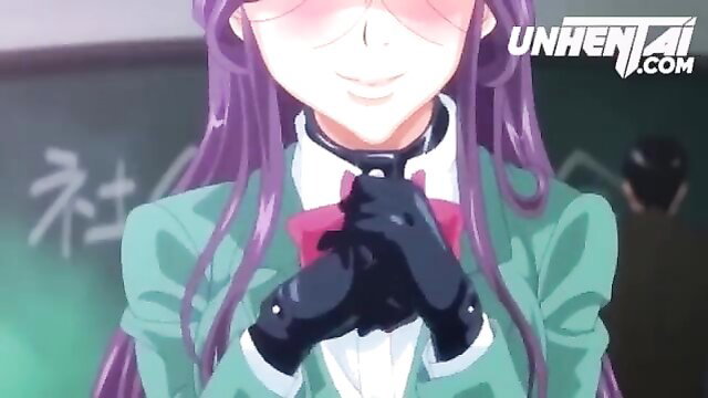 Purple-haired hentai college girl in uniform prays with gloved hands