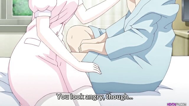 Angry anime nurse groping patient thigh in hospital bed hentai scene
