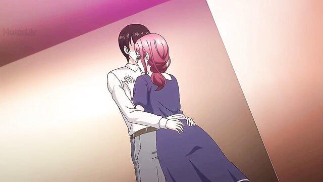 Anime couple kissing passionately, man embracing pink-haired girl in dress