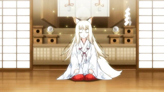 Niizuma Koyomi anime catgirl in white kimono, fox ears, seductive pose