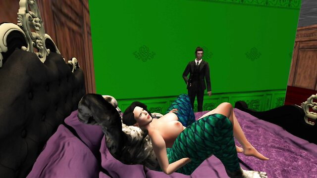 Nude brunette with scales legs lounges topless on bed, suited man watches