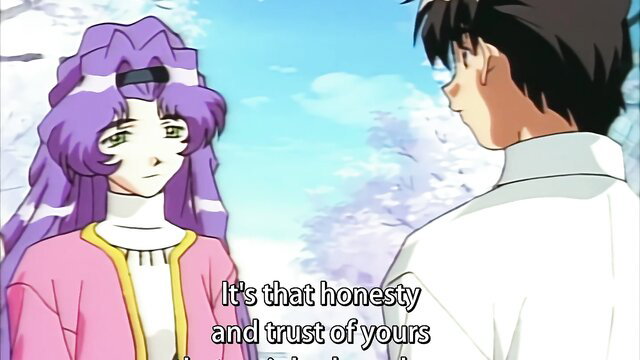 Anime couple in romantic talk, purple-haired girl in pink dress and hat