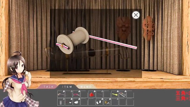 Anime girl in JAV escape game with giant red ribbon spool toy on stage