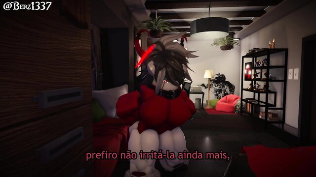 Cute anime girl with demon horns sits on floor in red boxing gloves, cozy room