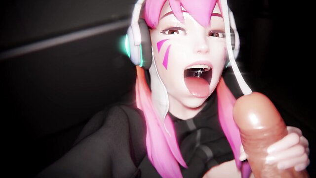 Pink-haired anime punk girl with headphones deepthroating huge dildo POV