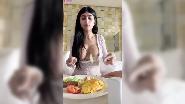 Mia Khalifa eating breakfast in sexy see-through dress, big tits exposed