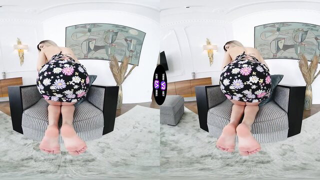 Blonde bends over sofa showing big ass and bare soles in VR