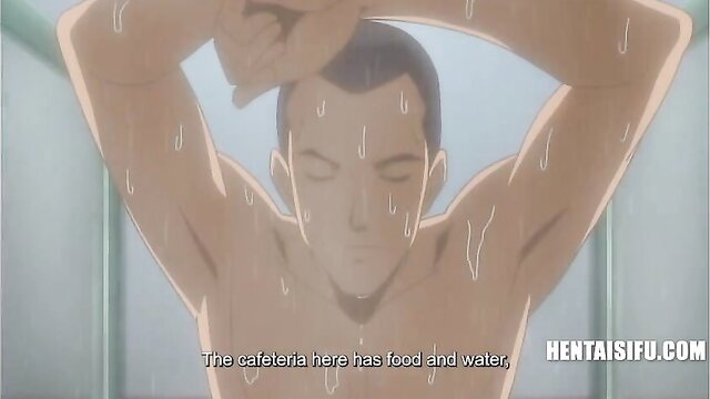 Muscular Asian man showering nude in zombie hentai scene