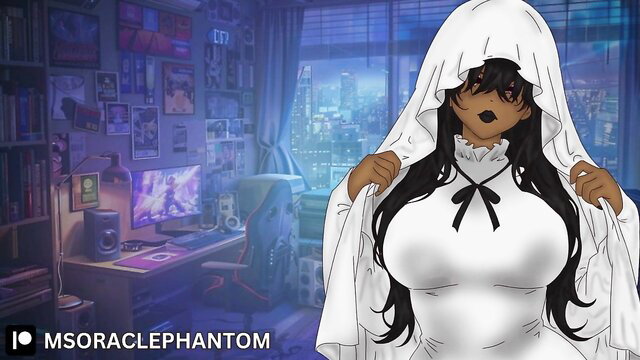 Sexy dark-skinned ghost girl in white lingerie opens robe, huge tits exposed