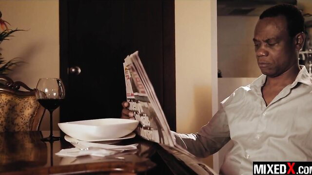 Christina Shine sexy MILF reading newspaper at table