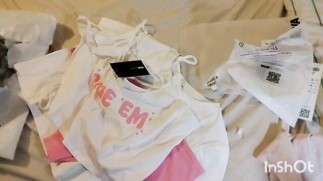 Fashion Nova pink BAE EM lingerie unboxing on bed, amateur try-on tease