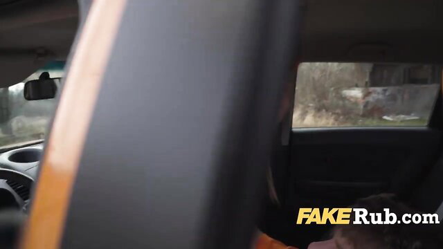 Blonde girl in car with driver after peeing, upskirt tease