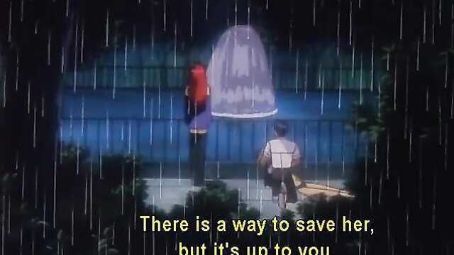 Yu-No 3 hentai: Redhead mom in dress shielded from rain, man approaches, gangbang tease