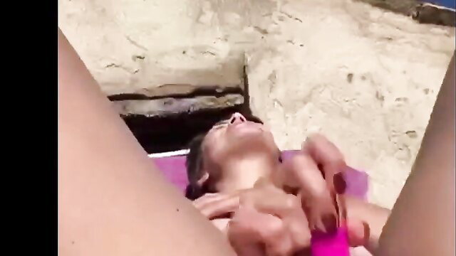 Hairy pussy closeup masturbation on beach towel by slim Asian woman