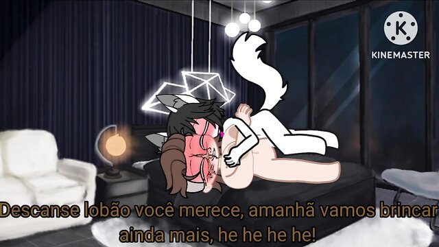 Anthro wolf and white furry kissing intimately on bed